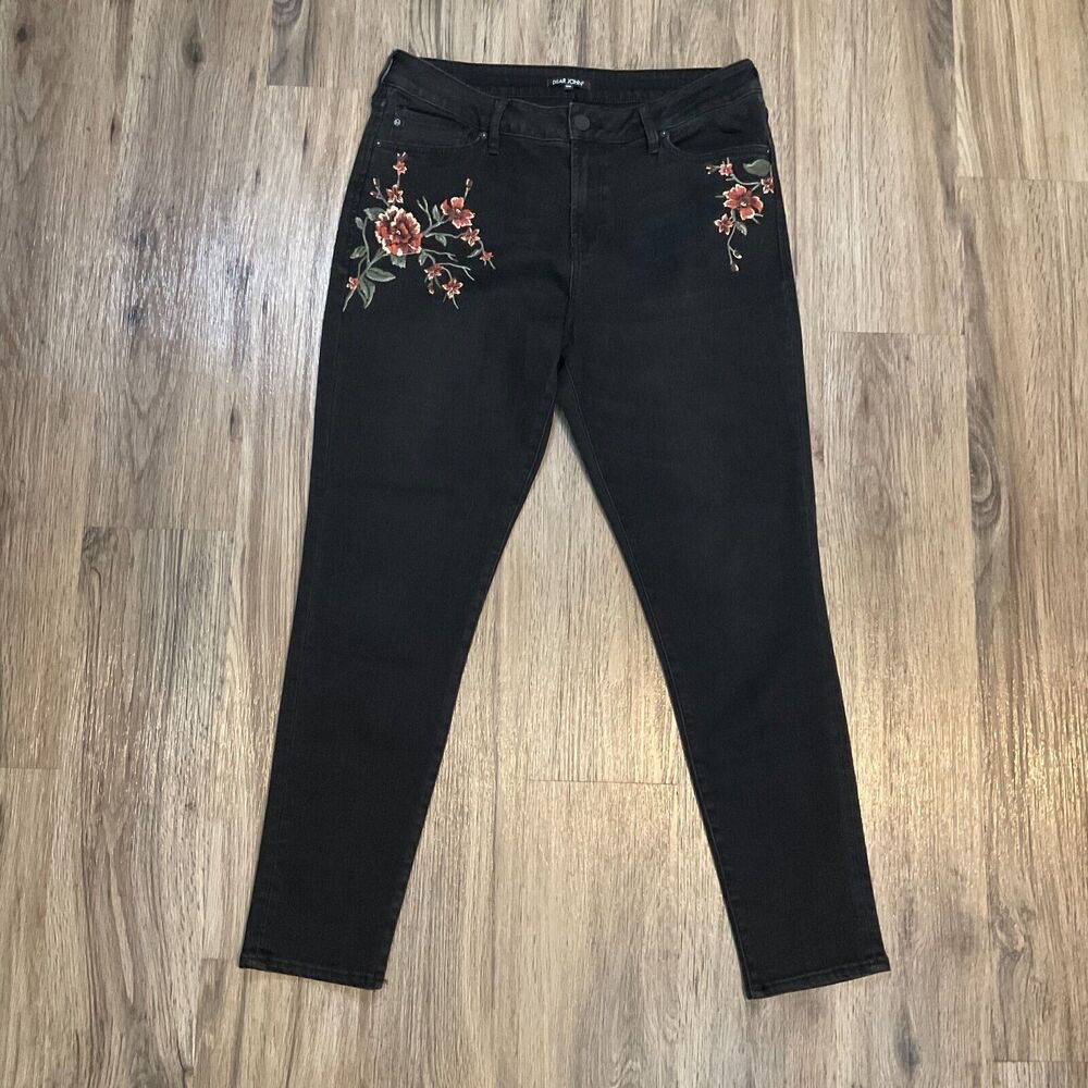 Dear John Jeans Gisele High Rise Denim‎ Pants Black Embroidered Floral Size 30